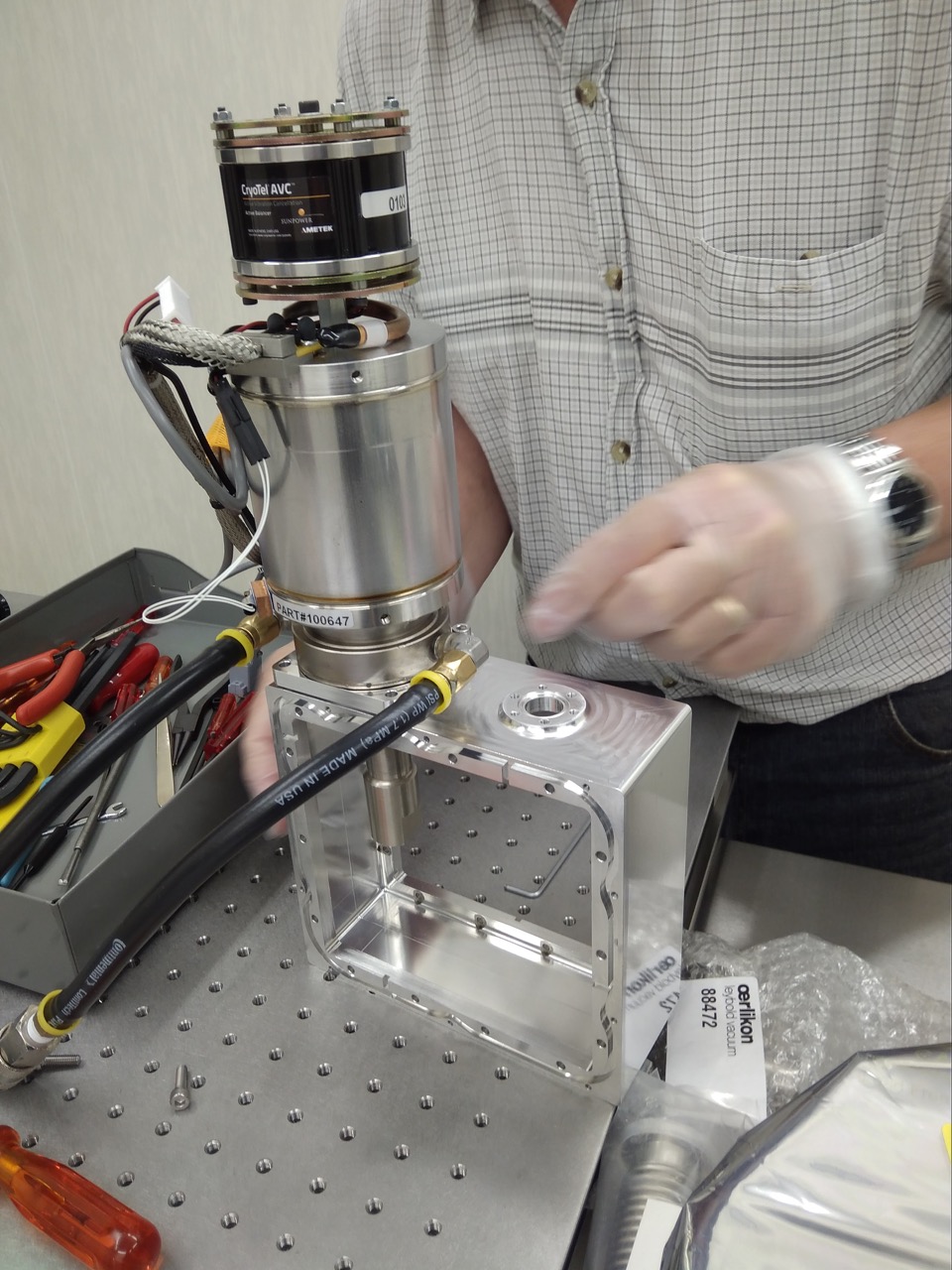 Fig. 4. Test mounting of the CryoTel cooler, which will be used to reduce the temperature of the CCD to approximately 170K.