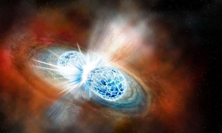An artist’s impression of a kilonova, the result of two colliding and merging neutron stars, which was the source of the first gravitational wave event (GW170817) for which an electromagmetic counterpart was detected at different wavelengths (picture credit: Robin Dienel; Carnegie Institution for Science).